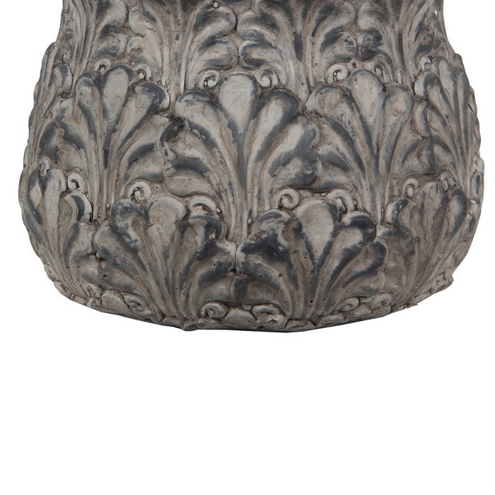 Decorative Traditional Cement Urn with Floral Inlays, Small Gray