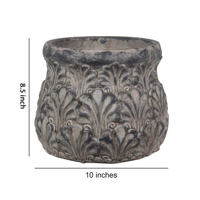Decorative Traditional Cement Urn with Floral Inlays, Small Gray