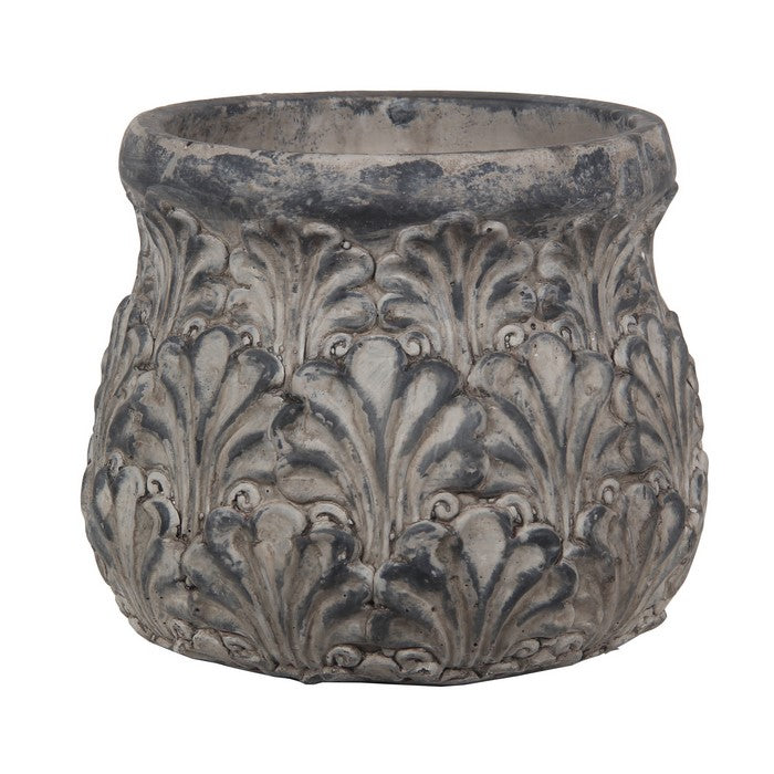 Decorative Traditional Cement Urn with Floral Inlays, Small Gray