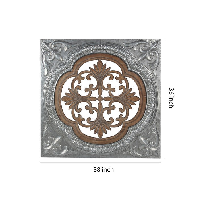 Traditional Style Metal and Wood Pierced Wall Decor, Silver