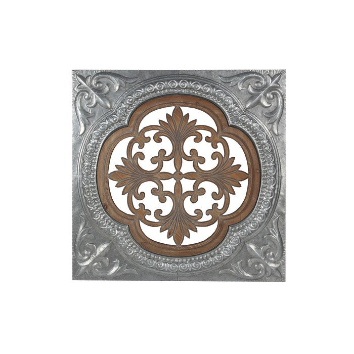 Traditional Style Metal and Wood Pierced Wall Decor, Silver