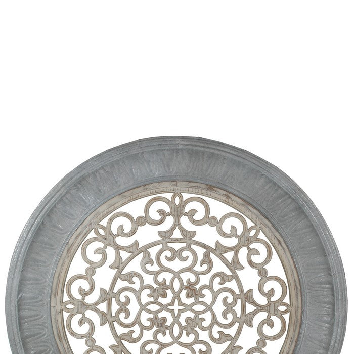Metal and Wood Pierced Wall Decor with Ornate Cut out, Silver