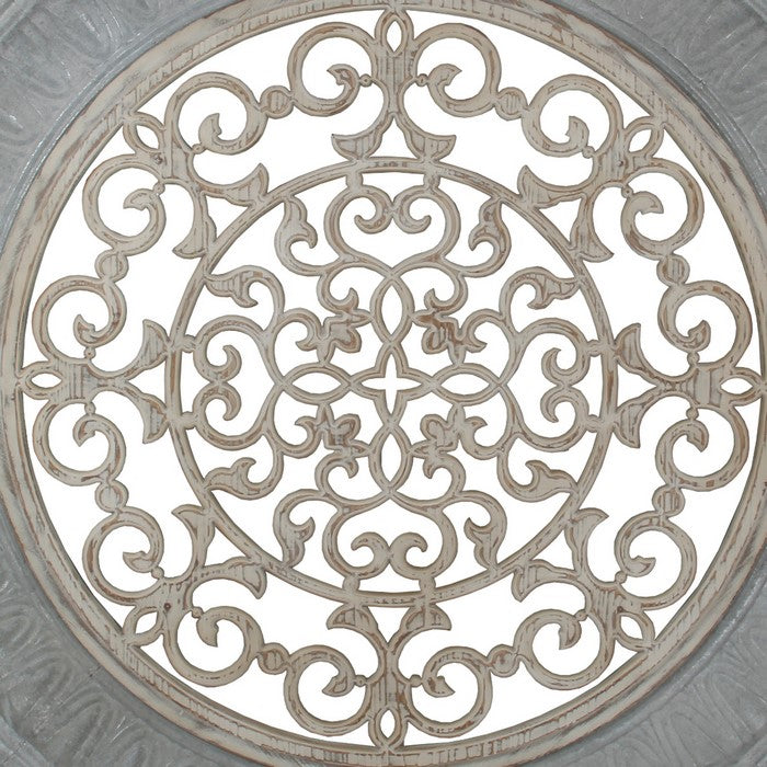Metal and Wood Pierced Wall Decor with Ornate Cut out, Silver