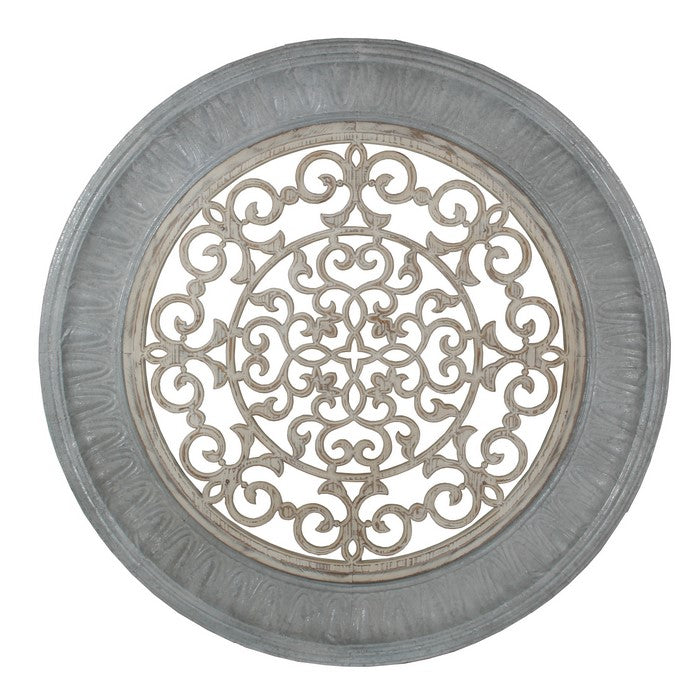 Metal and Wood Pierced Wall Decor with Ornate Cut out, Silver