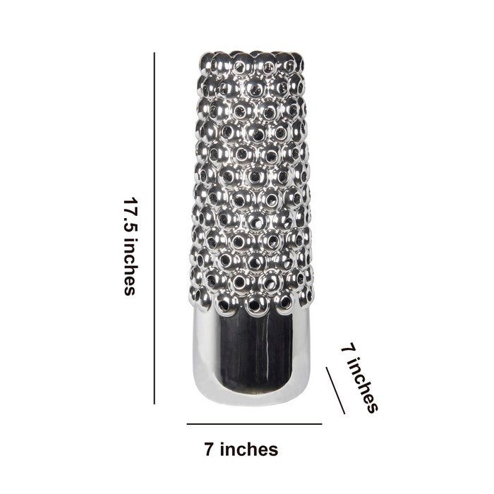 Contemporary Style Ceramic Vase with Raised Pierced Motif, Silver