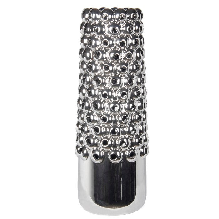 Contemporary Style Ceramic Vase with Raised Pierced Motif, Silver