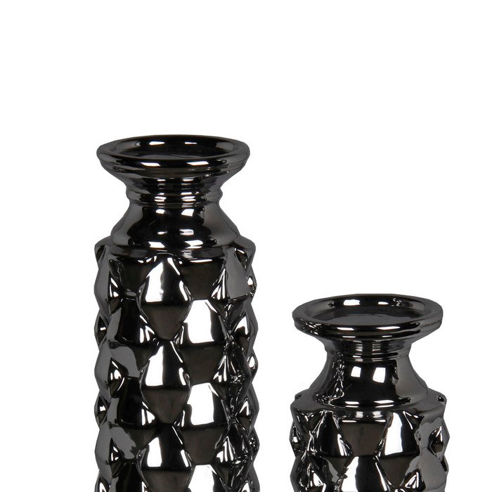 2 Piece Ceramic Candleholder with Flared Base, Silver