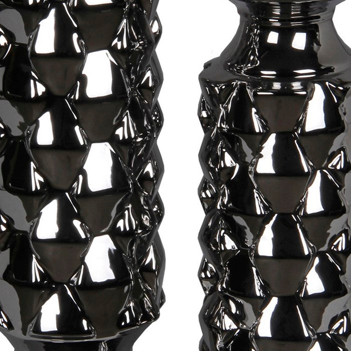 2 Piece Ceramic Candleholder with Flared Base, Silver
