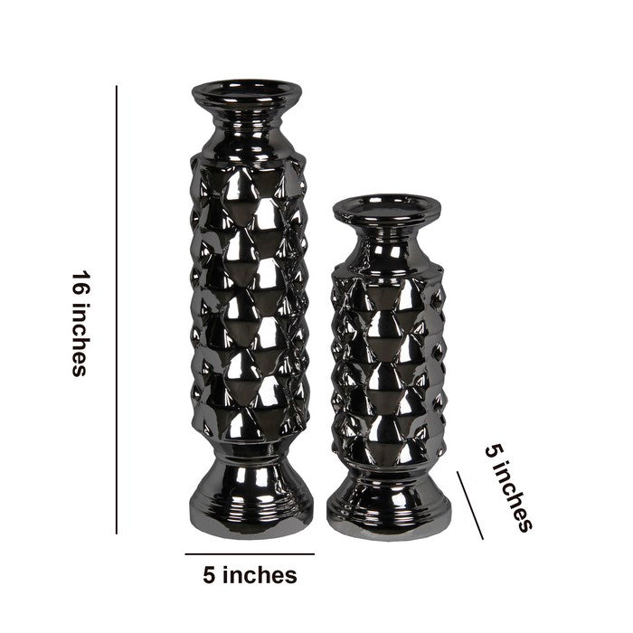 2 Piece Ceramic Candleholder with Flared Base, Silver