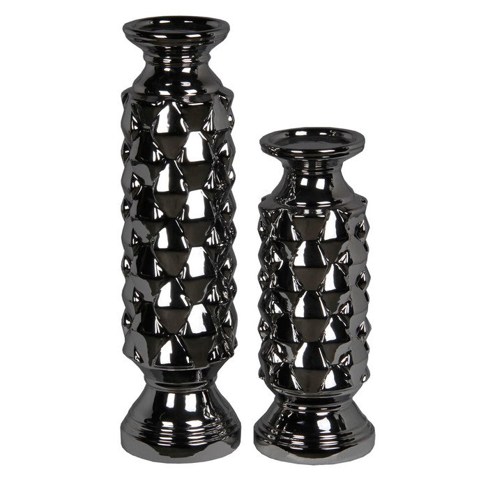 2 Piece Ceramic Candleholder with Flared Base, Silver