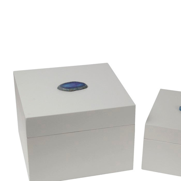 2 Piece Contemporary Style Square Metal Box with Agate, White and Blue
