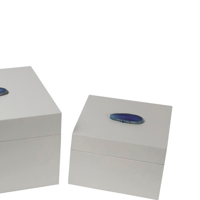 2 Piece Contemporary Style Square Metal Box with Agate, White and Blue