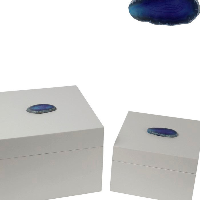 2 Piece Contemporary Style Square Metal Box with Agate, White and Blue