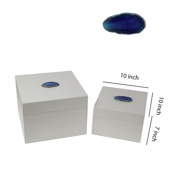 2 Piece Contemporary Style Square Metal Box with Agate, White and Blue