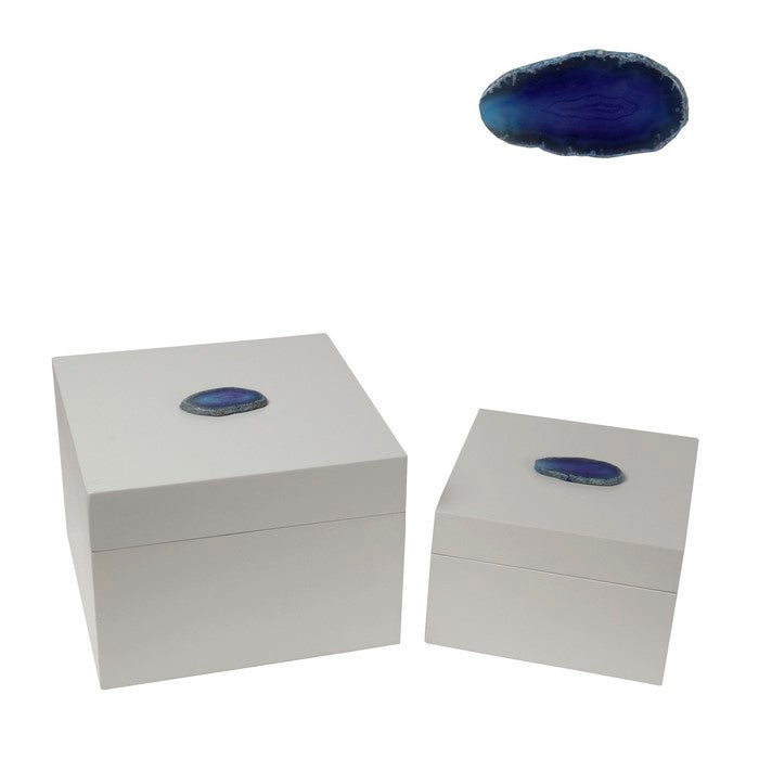 2 Piece Contemporary Style Square Metal Box with Agate, White and Blue