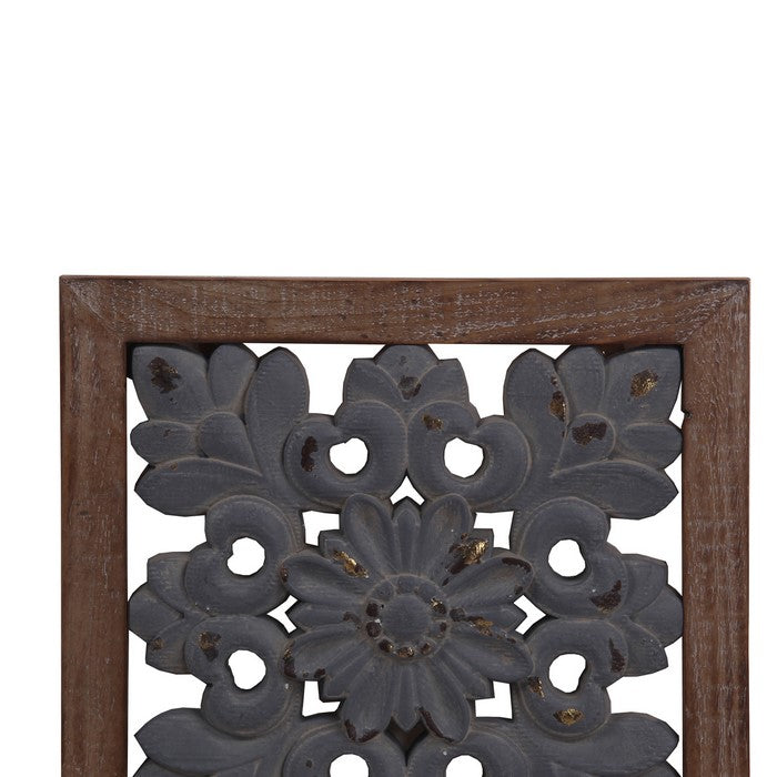 Farmhouse Wooden Wall Decor with Floral Cut out Design, Brown and Gray