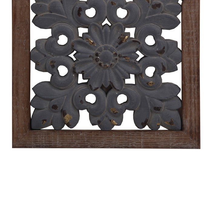 Farmhouse Wooden Wall Decor with Floral Cut out Design, Brown and Gray