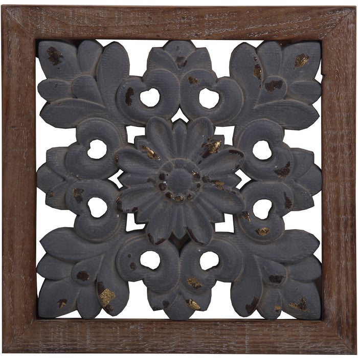 Farmhouse Wooden Wall Decor with Floral Cut out Design, Brown and Gray