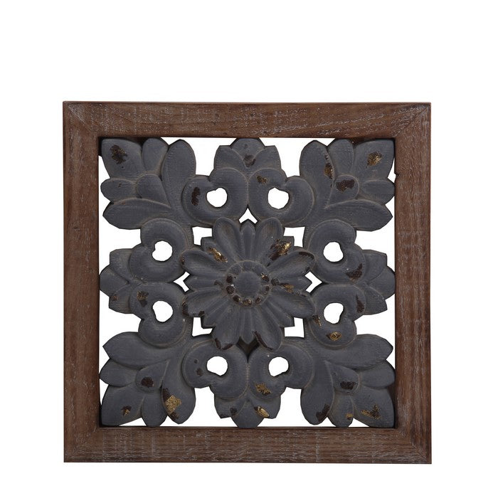 Farmhouse Wooden Wall Decor with Floral Cut out Design, Brown and Gray