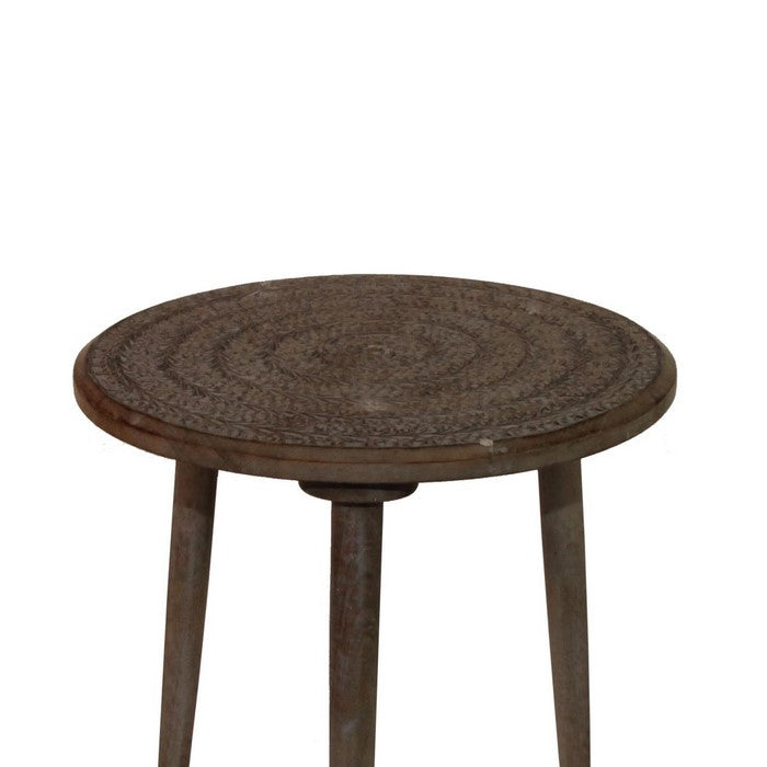 Traditional Round Top Wooden  Accent Table with Leaf Engraving, Brown
