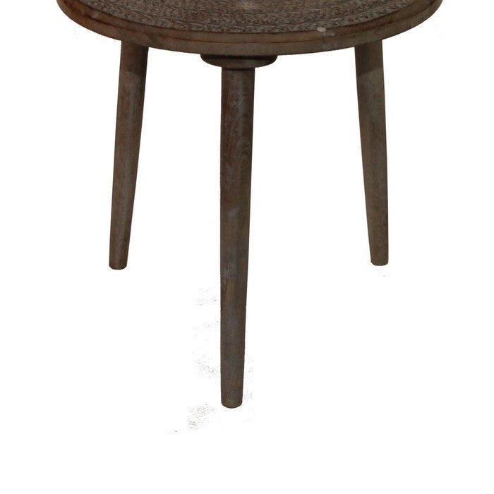 Traditional Round Top Wooden  Accent Table with Leaf Engraving, Brown