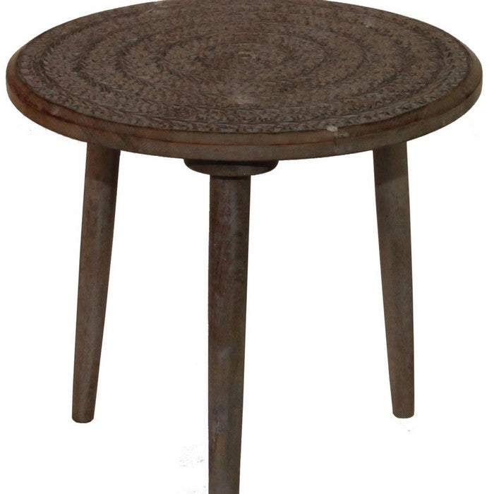 Traditional Round Top Wooden  Accent Table with Leaf Engraving, Brown