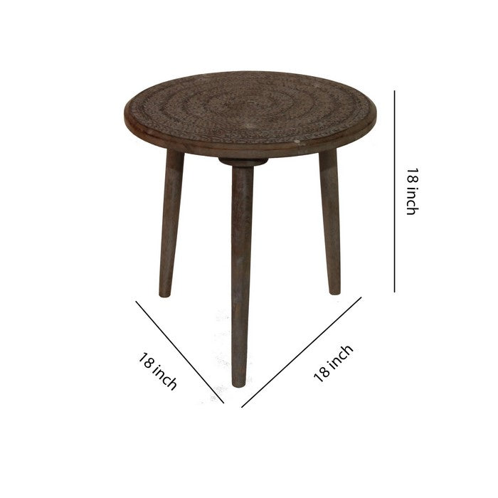Traditional Round Top Wooden  Accent Table with Leaf Engraving, Brown