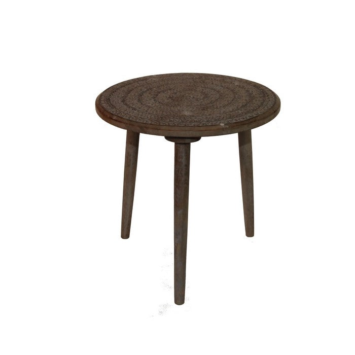 Traditional Round Top Wooden  Accent Table with Leaf Engraving, Brown