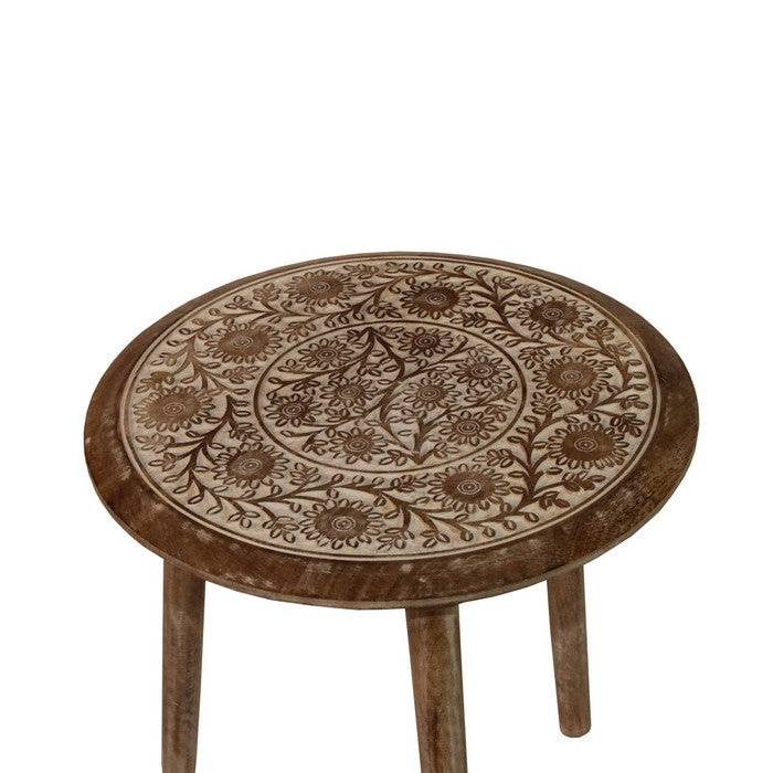 Traditional Round Top Wooden Accent Table with Intricate Design, Brown