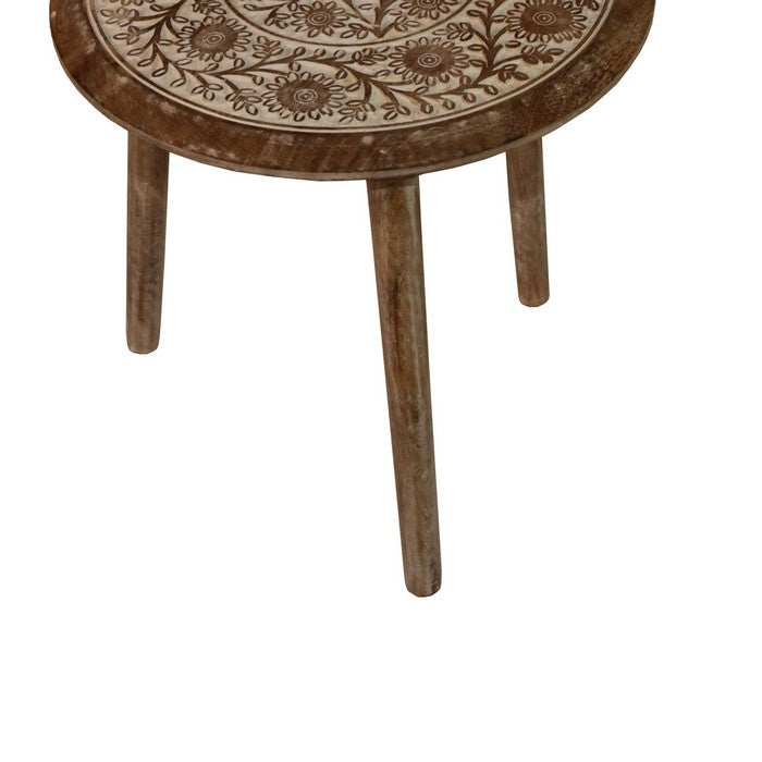Traditional Round Top Wooden Accent Table with Intricate Design, Brown