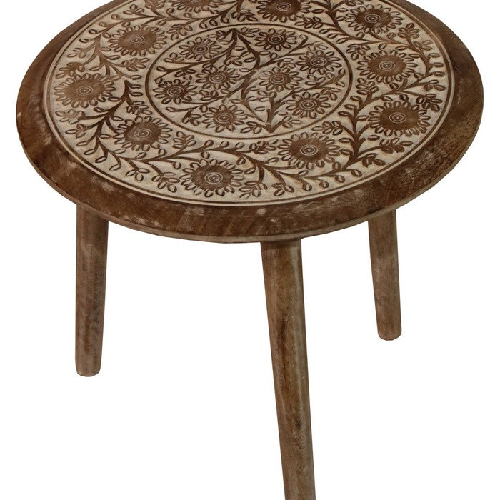 Traditional Round Top Wooden Accent Table with Intricate Design, Brown