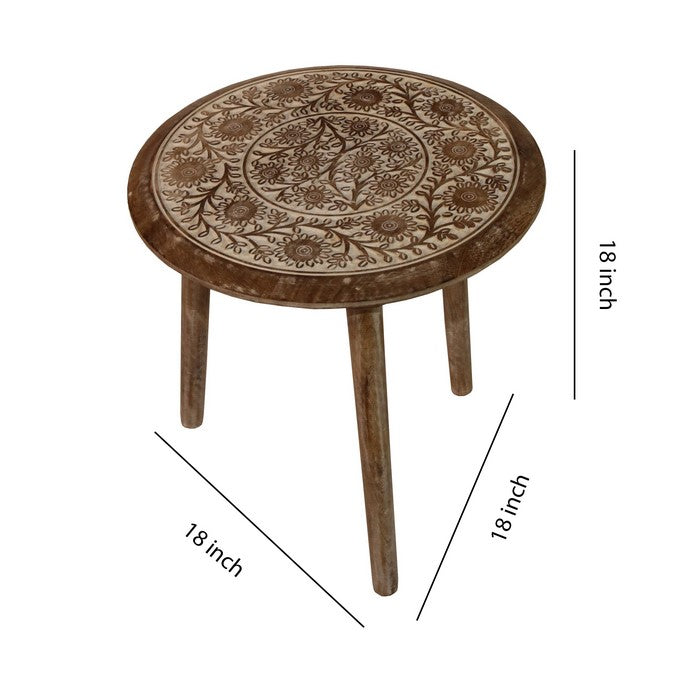 Traditional Round Top Wooden Accent Table with Intricate Design, Brown