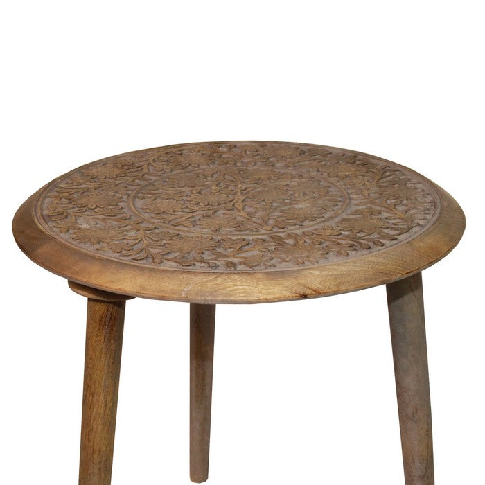 Farmhouse Style Wooden Accent Table with Floral Engraving, Brown