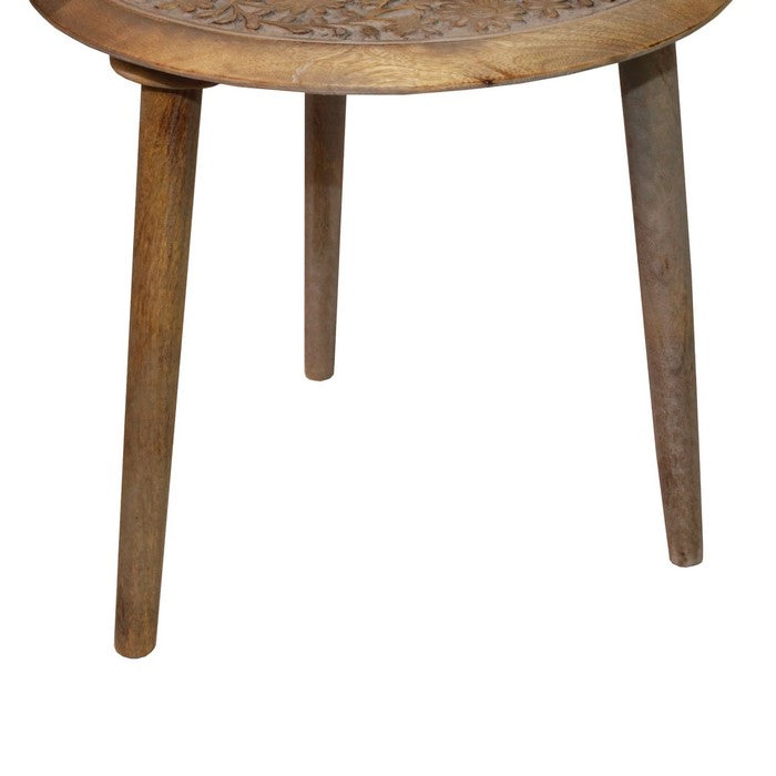 Farmhouse Style Wooden Accent Table with Floral Engraving, Brown