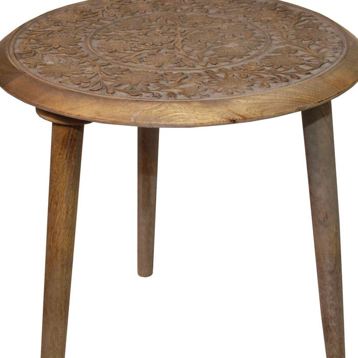 Farmhouse Style Wooden Accent Table with Floral Engraving, Brown