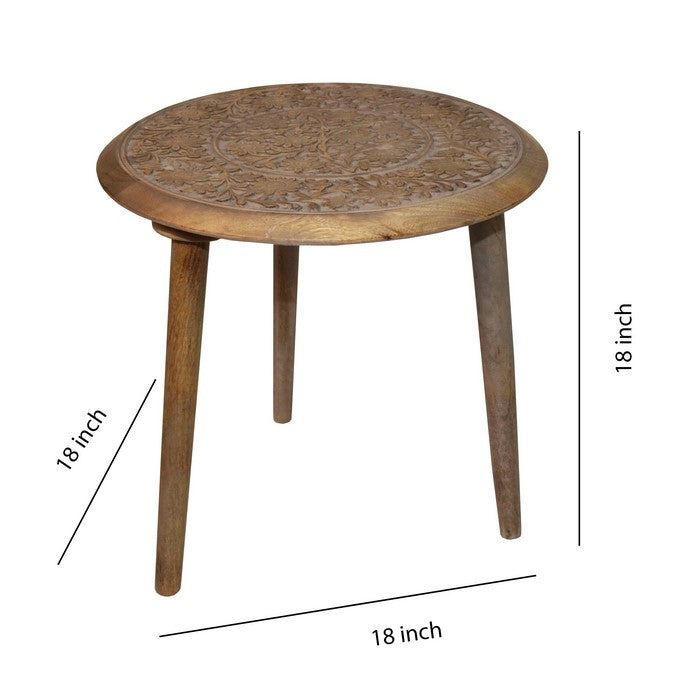 Farmhouse Style Wooden Accent Table with Floral Engraving, Brown