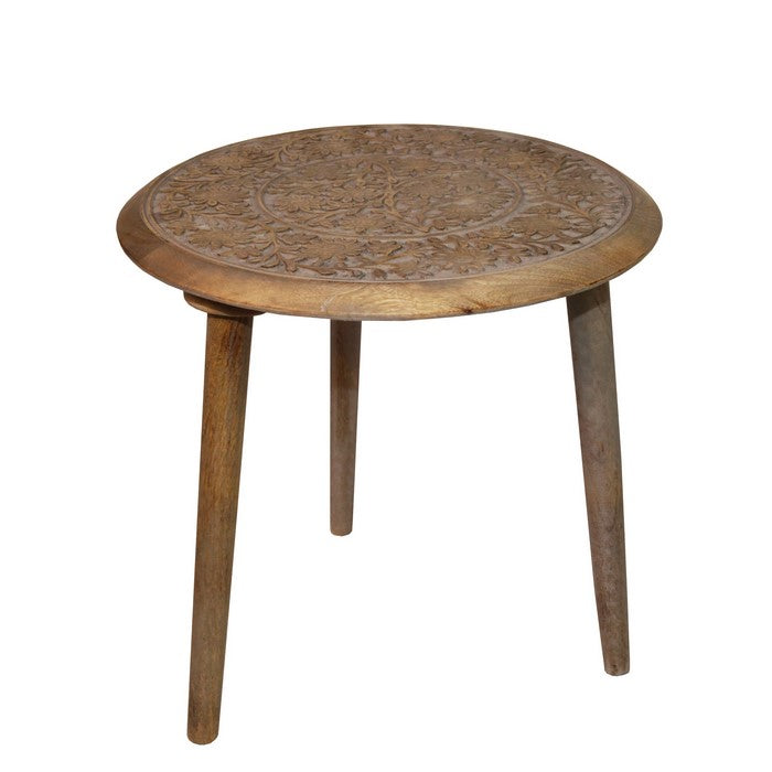 Farmhouse Style Wooden Accent Table with Floral Engraving, Brown