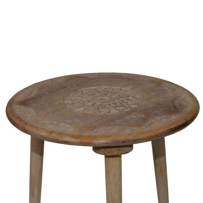 Farmhouse Wooden Accent Table with Medallion Design , Brown and Gray