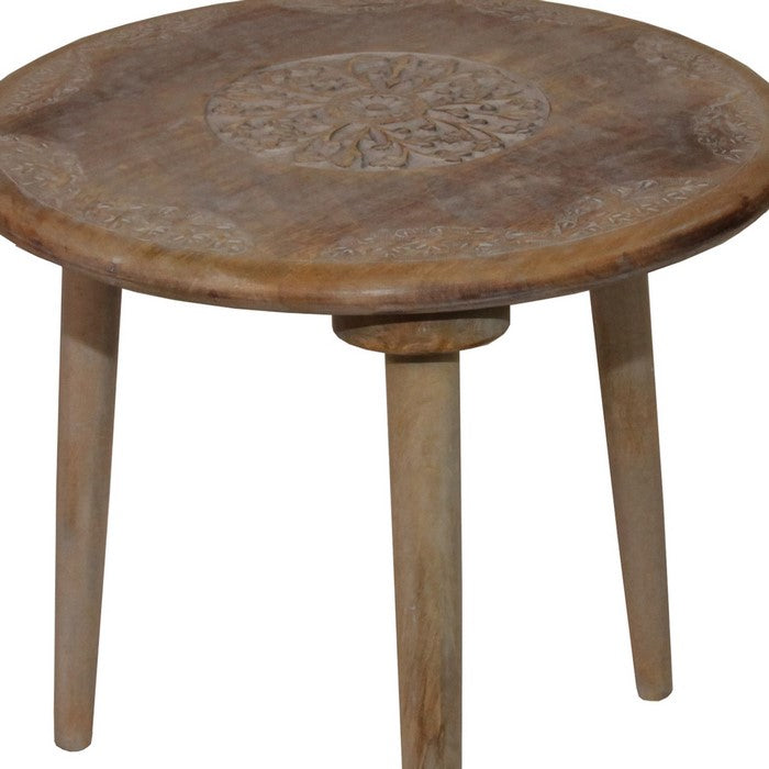 Farmhouse Wooden Accent Table with Medallion Design , Brown and Gray