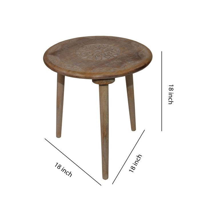 Farmhouse Wooden Accent Table with Medallion Design , Brown and Gray