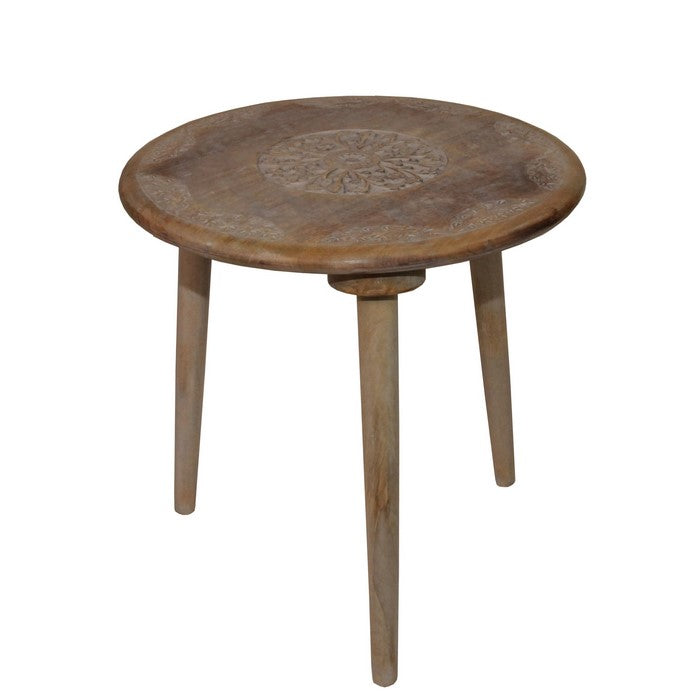 Farmhouse Wooden Accent Table with Medallion Design , Brown and Gray