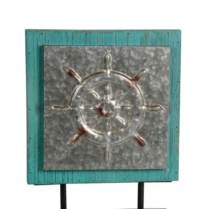 Transitional Style Metal and Wood Ship Wheel Charger, Blue and Silver