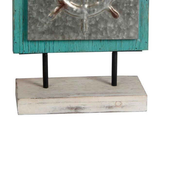 Transitional Style Metal and Wood Ship Wheel Charger, Blue and Silver