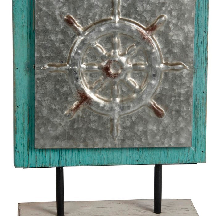 Transitional Style Metal and Wood Ship Wheel Charger, Blue and Silver