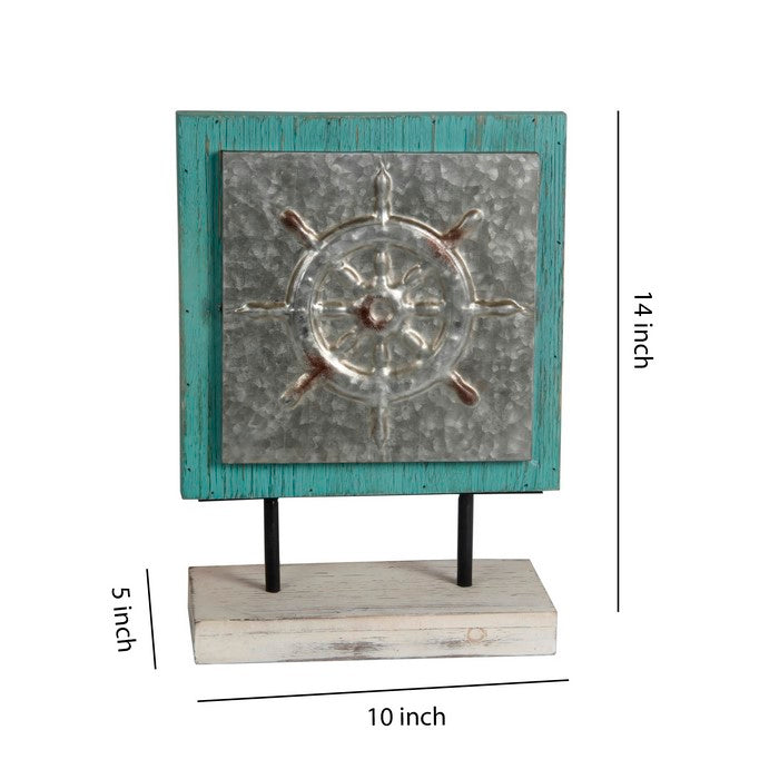 Transitional Style Metal and Wood Ship Wheel Charger, Blue and Silver