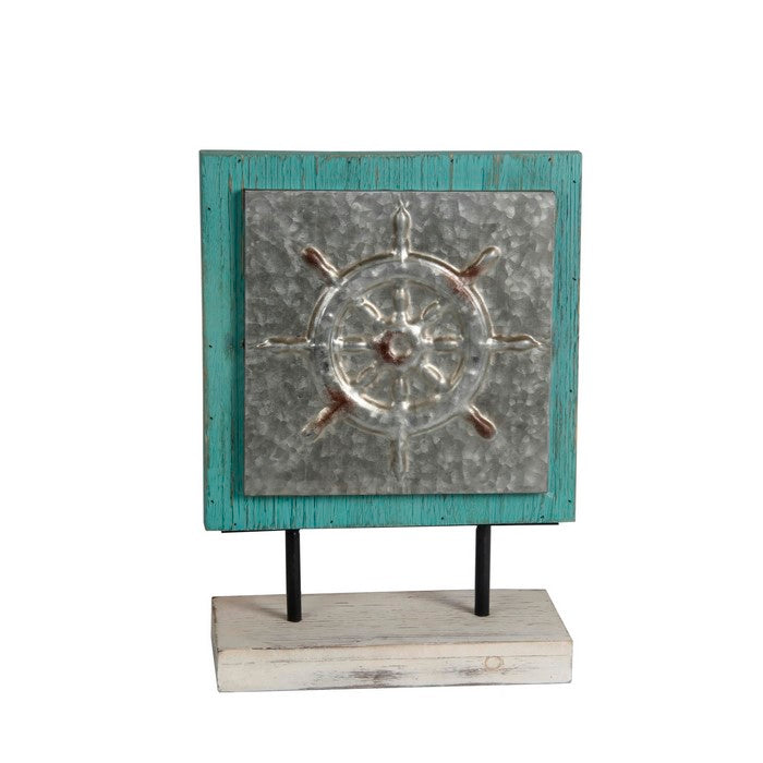 Transitional Style Metal and Wood Ship Wheel Charger, Blue and Silver