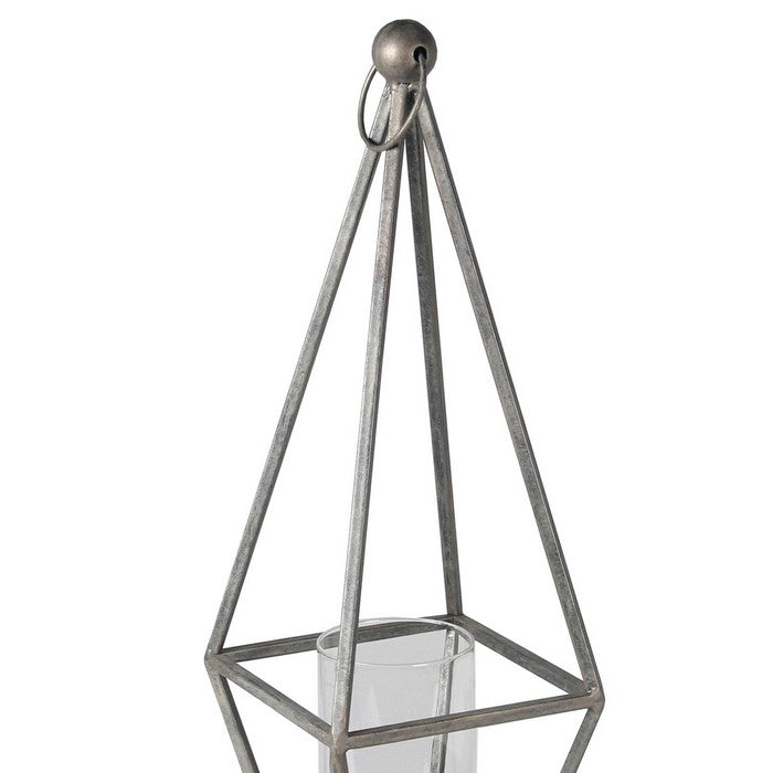 Contemporary Pyramidal Shaped Wood and Metal Lantern, Silver and Brown