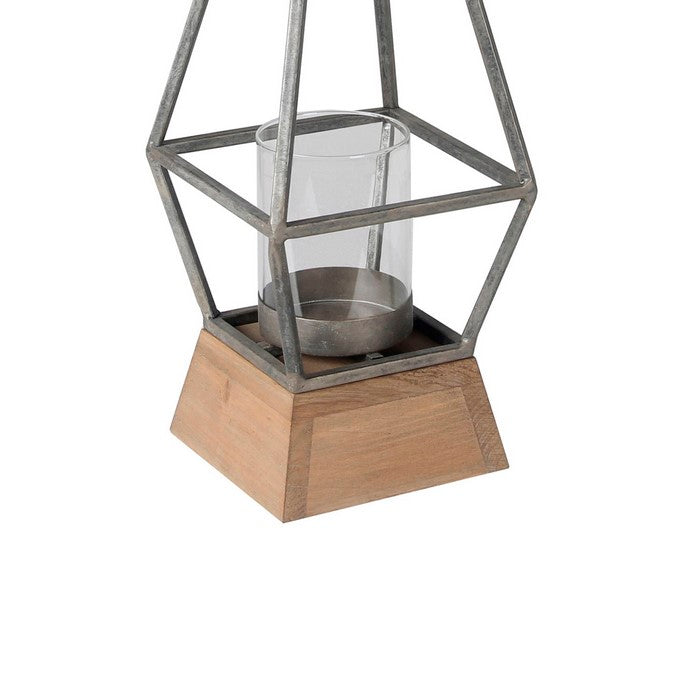 Contemporary Pyramidal Shaped Wood and Metal Lantern, Silver and Brown