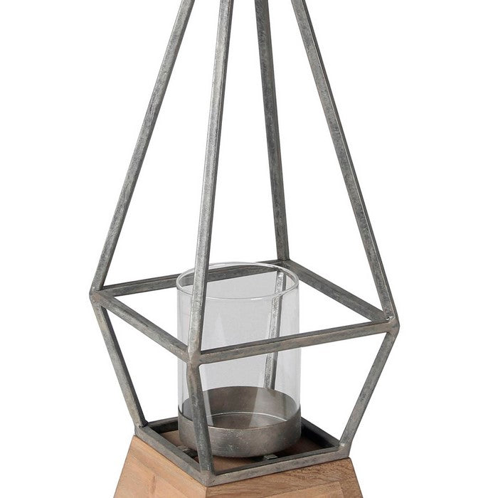 Contemporary Pyramidal Shaped Wood and Metal Lantern, Silver and Brown