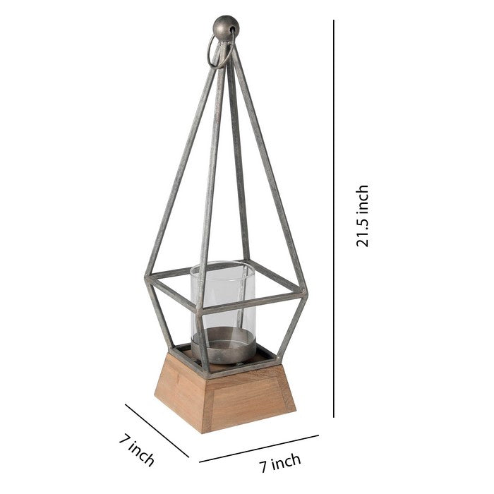 Contemporary Pyramidal Shaped Wood and Metal Lantern, Silver and Brown